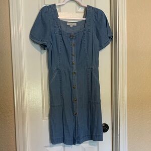LOFT Blue Button-Front Denim Midi Dress